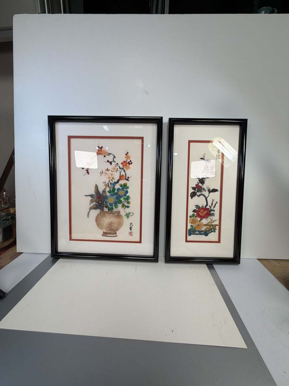 Vintage‎ Pair of Chinese Floral Silk Paintings in Black Lacquer Frames